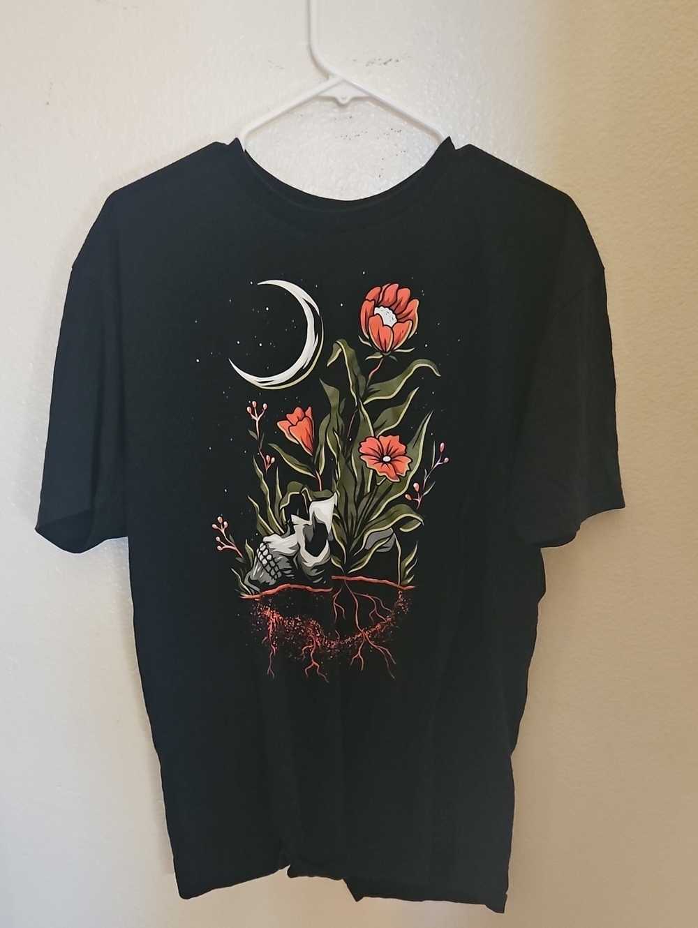 Black Graphic Tee with Floral Moon Design